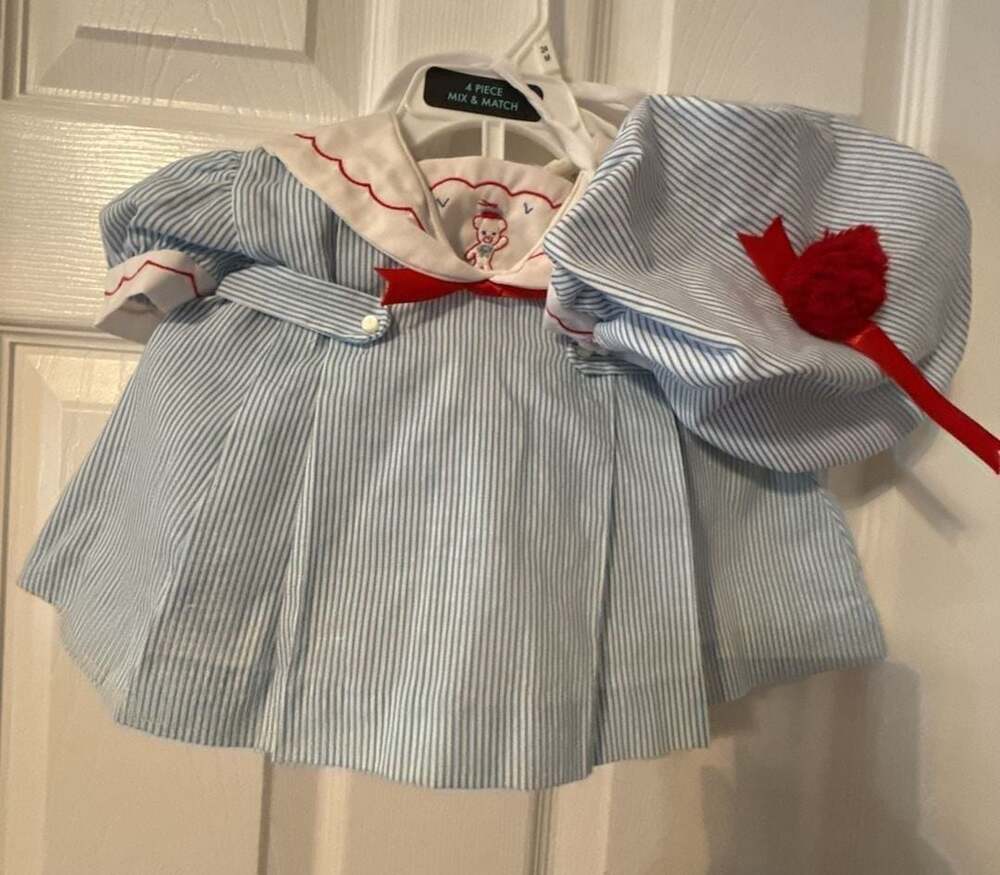 Mothercare Baby Bear Sailor Dress Bonnet Bloomers Sz 28 6-12M? CPK Doll Fit Vtg